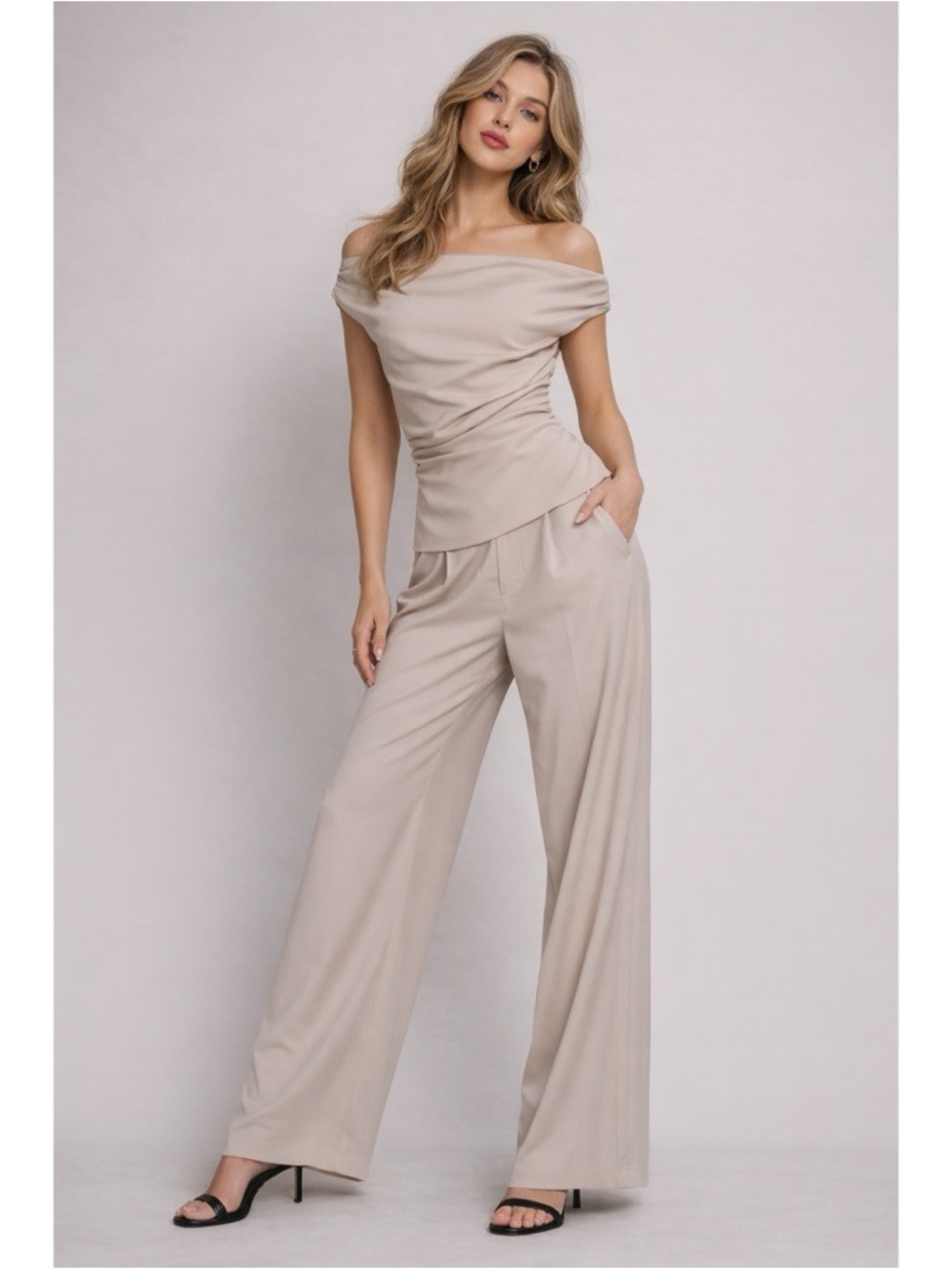 NWT Off-Shoulder Trouser Pant Set - Beige